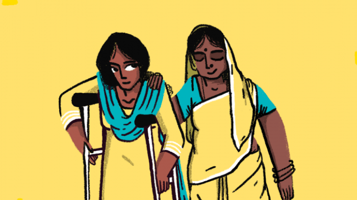 Still from animation of two women together at a police station