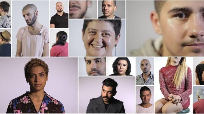 Collage depicting lesbian, gay, bisexual and transgender (LGBT) activists and artists from Arabic-speaking countries who participated in “No Longer Alone,” a series of videos produced by Human Rights Watch and the Arab Foundation for Freedoms and Equality