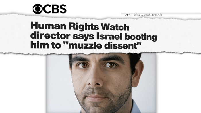 CBS headline that reads "Human Rights Watch director says Israel booting him to 'muzzle dissent'."