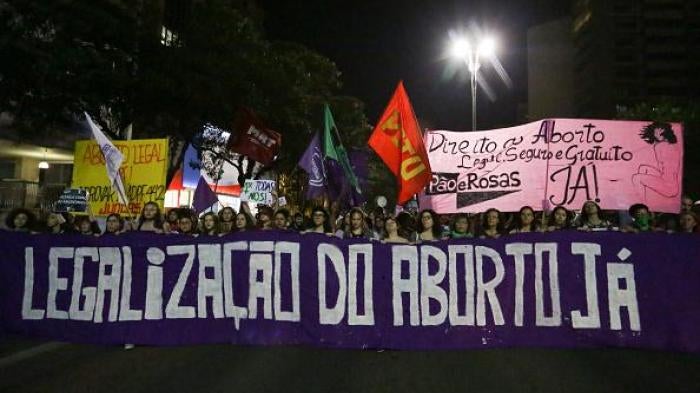 Activists demonstrate in Sao Paulo, Brazil, on July 19, 2018 in favor of abortion legalization.