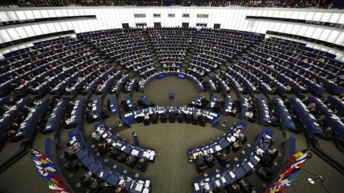 A general view shows the plenary room of the European Parliament during a voting session in Strasbourg, France, May 20, 2015.