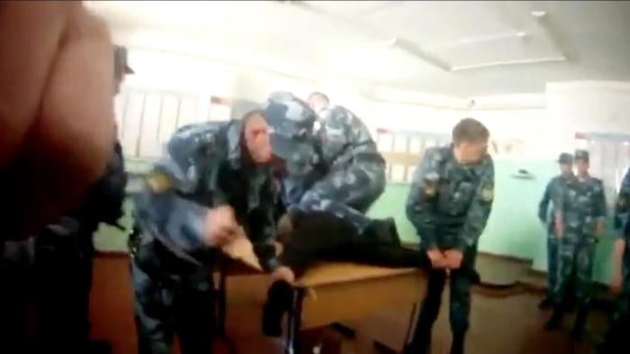 Screen shot from leaked footage of how Evgeny Makarov, a prisoner in Yaroslavl Colony No. 1, was brutally tortured in June 2017.