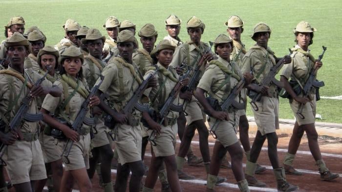 Eritrean soldiers march during the country's Independence Day in Asmara in this May 24, 2007 file photo. One of Africa's newest and smallest nations has one of the largest armies in the region. But this is due to national service that continues for many y