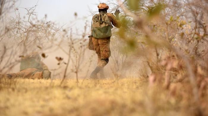 Burkina Faso Soldiers take part in a training exercise in 2017, in Burkina Faso.   (U.S. Army Photo by Sgt Benjamin Northcutt 3rd Special Forces Group (Airborne) Public Affairs Sergeant/released)