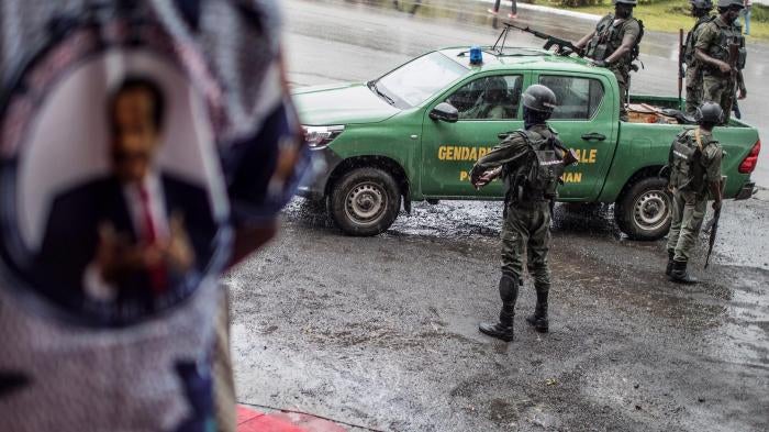 A patrol of Cameroonian gendarmes in the Omar Bongo Square, Buea, capital of the South-West region, on October 3, 2018 on the sidelines of a political rally.