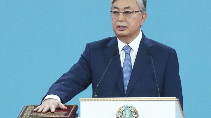 Kazakh President President Kassym-Jomart Tokayev takes the oath during his inauguration ceremony in Nur-Sultan, Kazakhstan.