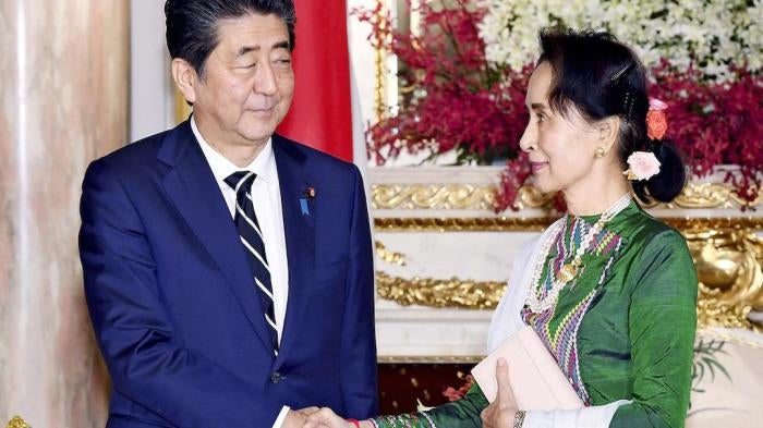 Aung San Suu Kyi, a Burmese politician, diplomat, author, and Nobel Peace Prize laureate (1991), meets Japan's Prime Minister Shinzo Abe at Akasaka Palace in Minato Ward, Tokyo on October 21, 2019. Aung San Suu Kyi comes to Japan to attend an enthronement