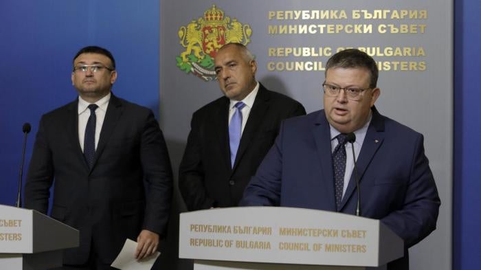 Bulgaria's prosecutor general Sotir Tsatsarov, right, speaks during a press conference in Sofia, on Wednesday, Oct. 10, 2018.