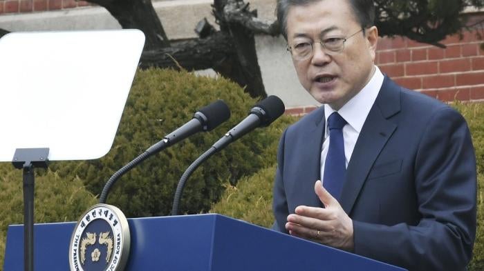 South Korean President Moon Jae In delivers a speech in Seoul on March 1, 2020, in a ceremony to mark the 101st anniversary of the founding of a Korean independence movement against Japanese colonial rule. 