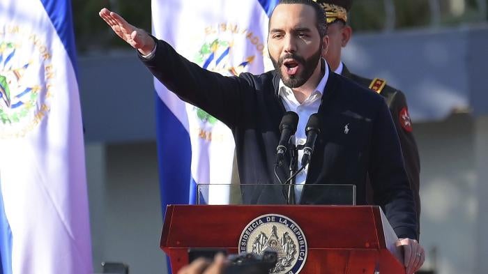 El Salvador's President Nayib Bukele speaks to his supporters in San Salvador, El Salvador, on February 20, 2020. 