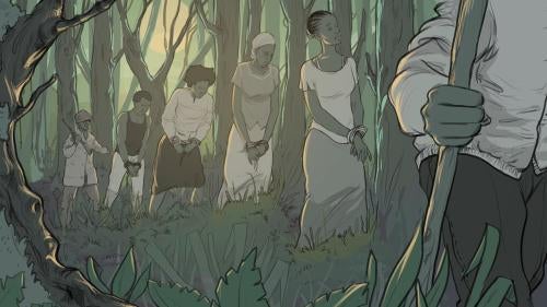 Illustration of women and girls tied up being led away