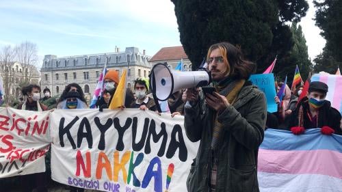 Bogazici University student speaks through bullhorn at LGBTQ rally