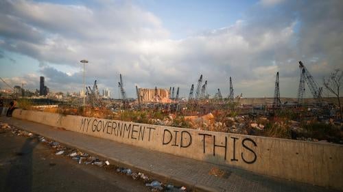 Graffiti at the damaged port area in the aftermath of a massive explosion in Beirut, Lebanon August 11, 2020.