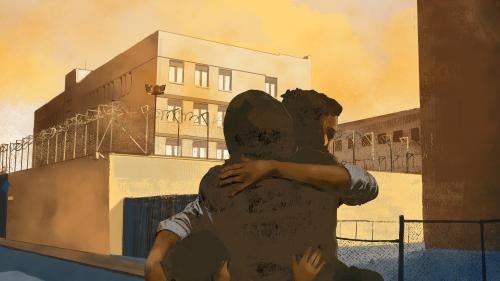 Illustration of a man hugging his family outside of a detention center