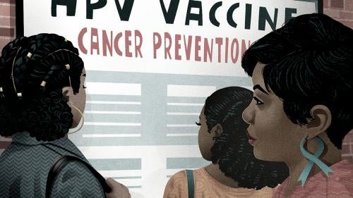 Women looking at a sign about HPV Vaccine