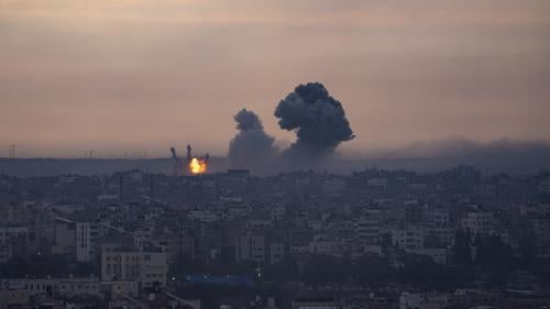 Smoke rises after air strike in the Gaza Strip on Monday, Oct. 9, 2023.