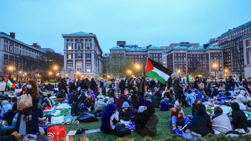 Pro-Palestinian student protesters at a demonstration at Columbia University on the third day of "Gaza Solidarity Encampment" in New York, US, April 19, 2024.
