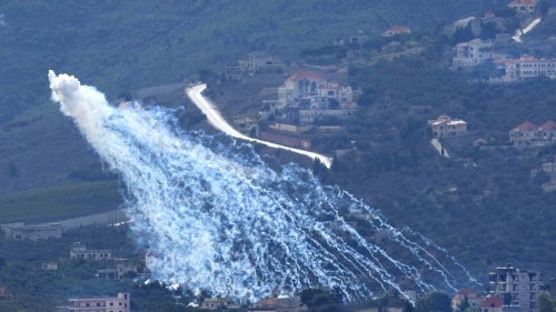 Artillery-delivered white phosphorus munition being airburst over Kfar Kila, a Lebanese border village with Israel, as seen from Marjayoun in southern Lebanon, November 22, 2023.