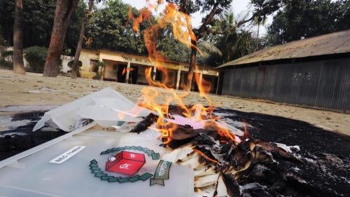 Election materials burn following an attack on a polling station in the northern town of Bogra, Bangladesh, on January 5, 2014. 