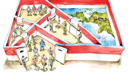 Cartoonist's depiction of Indonesian government restrictions on media freedom and rights monitoring in Papua.
