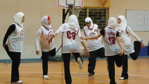 The female basketball team of Jeddah United warm up in Jordan on April 21, 2009. Jeddah United is the only private sports company with women’s teams.