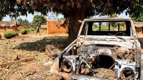 Destroyed FPRC (Seleka) truck in Bakala, Central African Republic, after the violence of December 11, 2016. Photo taken on January 22, 2017. 