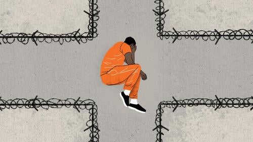 An illustration of a man in a prison uniform lying in fetal position at a crossroads (the roads have barbed wire) 