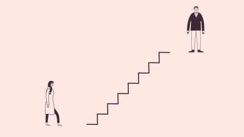 Illustration of an Iranian women at the bottom of stairs and a man at the top. 