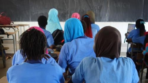 Secondary school girls in a classroom in a middle secondary school in Sédhiou, southern Senegal.