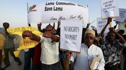 Residents and environmental activists  protesting against  lack of consultations and government failure to address environmental concerns in respect ofo the proposed Lamu Port-South Sudan-Ethiopia (LAPSSET) project in Lamu island, Kenya, March 1, 2012.