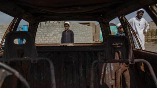 A car burned during a raid by the Khost Protection Force in Tani district, Khost province, Afghanistan, July 28, 2019.