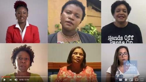 Les six activistes des droits des femmes qui s’expriment au sujet de #MeToo, dans une vidéo diffusée par HRW à l’occasion du 2ème anniversaire de ce mouvement. En haut (de gauche à droite) : Toufah Jallow (Gambie), Rosebell Kagumire (Ouganda), Roushanda W