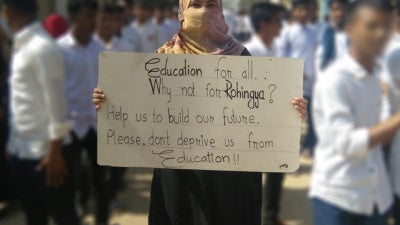 Rohingya refugee students demonstrate against being expelled from Bangladeshi secondary schools in Cox’s Bazar, Bangladesh, February 6, 2019. 