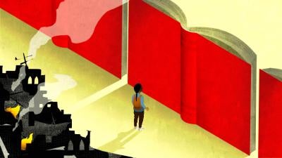 An illustration of a schoolchild staring at a wall, with a burning city behind them