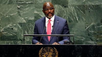Liberia's President George Manneh Weah addresses the 74th session of the United Nations General Assembly, September 25, 2019. 