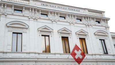 Switzerland's national flag flies over the entrance of the Swiss Federal Criminal Court (Bundesstrafgericht) in Bellinzona, Switzerland March 5, 2020.