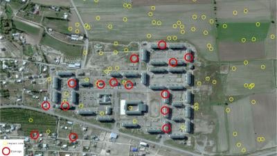 Close-up 1. Satellite imagery from October 3, 2020, documents severe damage to the residential settlement of Shyraharkh on the western edge of Tartar city.