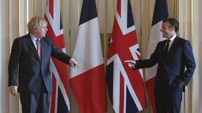 French President Emmanuel Macron, right, and Britain's Prime Minister Boris Johnson, during a visit to 10 Downing Street in London on June 18, 2020. 
