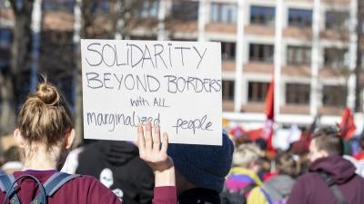 A participant at a feminist protest on international women’s day in Munich, Germany on 8 March 2020.