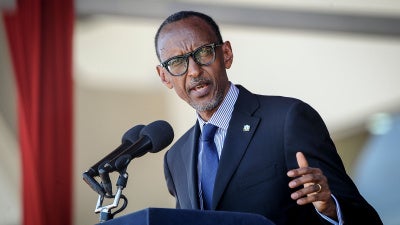 Rwanda’s President Paul Kagame speaks during the state funeral of Kenya’s former president, Daniel arap Moi, at Nyayo Stadium in Nairobi, Kenya, February 11, 2020.