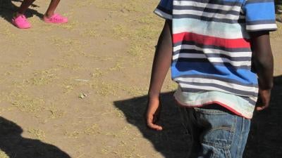 Children play in a backyard