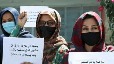 Women gather to demand their rights under Taliban rule during a protest in Kabul, Afghanistan on September 3, 2021.
