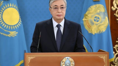 Kazakhstan President Kassym-Jomart Tokaev speaks during his televised address to the nation in Nur-Sultan, Kazakhstan, January 7, 2022.