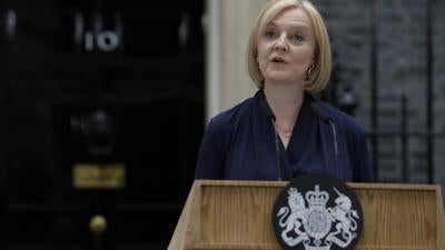 Photo of Prime Minister Liz Truss giving an address in London