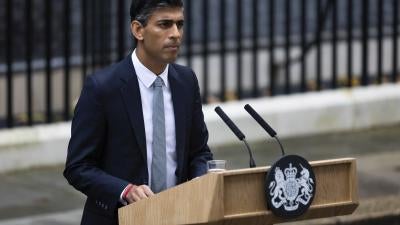 Rishi Sunak makes his first speech as British prime minister outside 10 Downing Street, London.