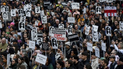 Demonstrators mark the anniversary of a far-right extremist attack on February 19, 2020 in Hanau, Germany, that killed nine persons of predominantly Muslim background, February 17, 2024.