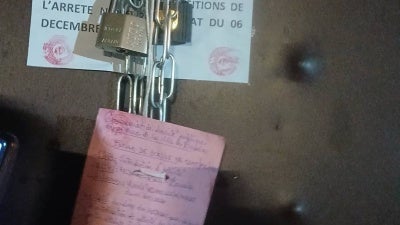 Seal imposed by Cameroonian administrative authorities and the police at the office of the Central Africa Human Rights Defenders Network in Douala, Cameroon, 2024.