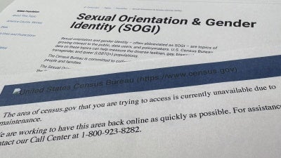 A page, top, from the US government Census.gov website that displayed on January 24, 2025 about sexual orientation and gender identity, and the error page, bottom, showing the page was not available on January 31, 2025. 