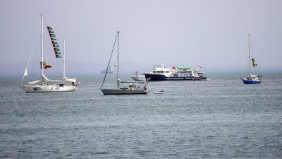 Ships that are part of the Global Sumud Flotilla heading to Gaza are anchored off the coast of Sidi Bou Said in Tunis, Tunisia, September 9, 2025. 