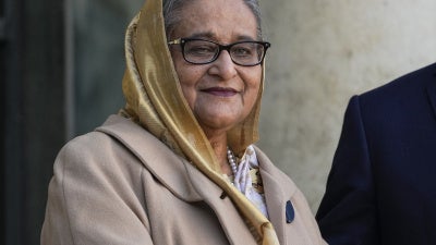Former Prime Minister of Bangladesh Sheikh Hasina Wazed at the Elysee Palace in Paris, France, November 9, 2021.